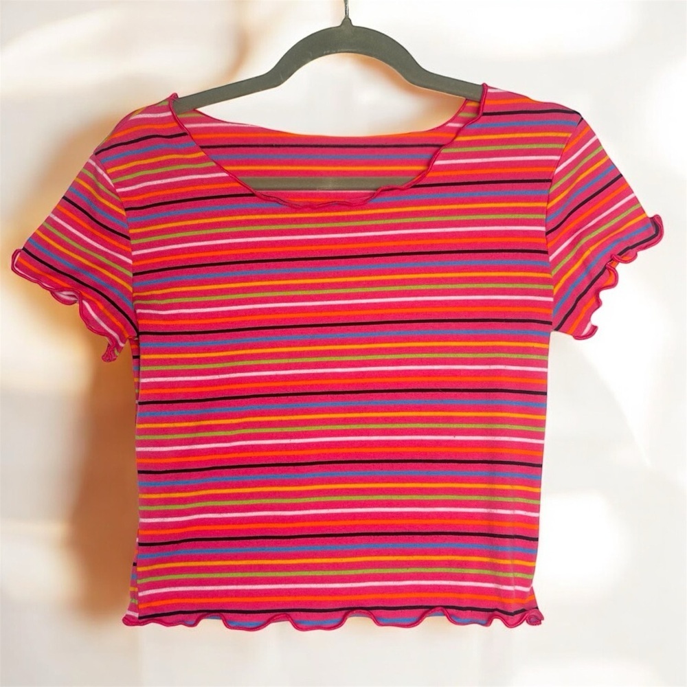 Retro Style Colorful Striped Ruffle Hem Crop Top Stretchy Soft Small